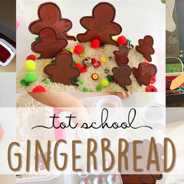 Tons of gingerbread themed activities and ideas. Weekly plan includes books, literacy, math, science, art, sensory bins, and more! Perfect for Christmas time in tot school, preschool, or kindergarten.
