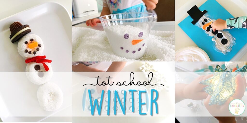 Tons of winter themed activities and ideas. Weekly plan includes books, literacy, math, science, art, sensory bins, and more! Perfect for tot school, preschool, or kindergarten.