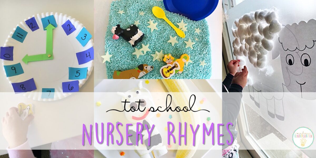 Tons of nursery rhyme activities and ideas. Weekly plan includes books, literacy, math, science, art, sensory bins, and more! Perfect for tot school, preschool, or kindergarten.