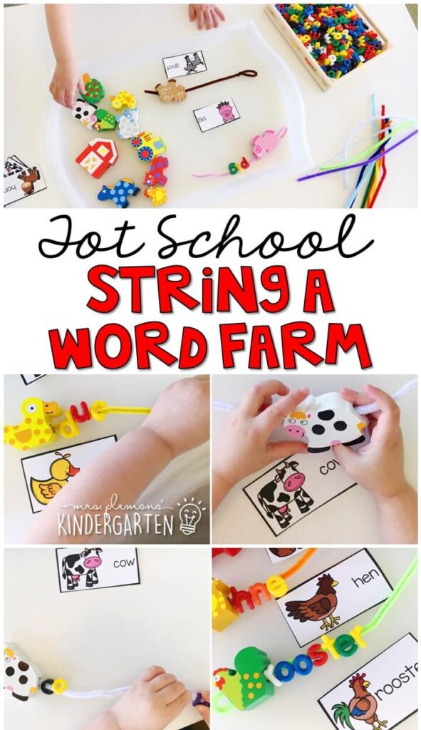 This string a word farm activity was such a fun and easy way to get our fine motor practice in with a farm theme. Great for tot school, preschool, or even kindergarten!