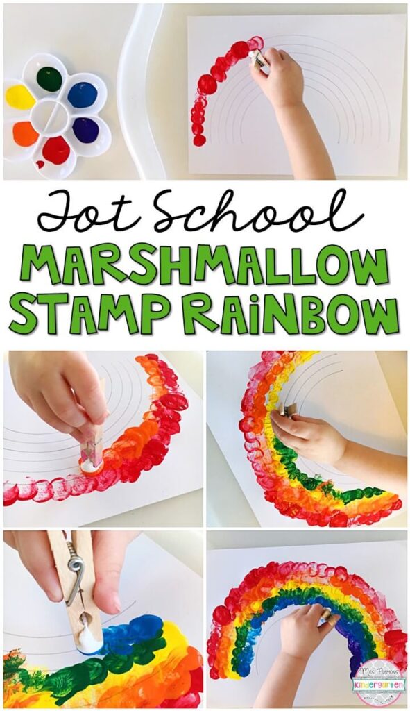These marshmallow stamp rainbows turned out so cute and incorporated lots of fine motor practice. Great for St. Patrick's Day in tot school, preschool, or even kindergarten!