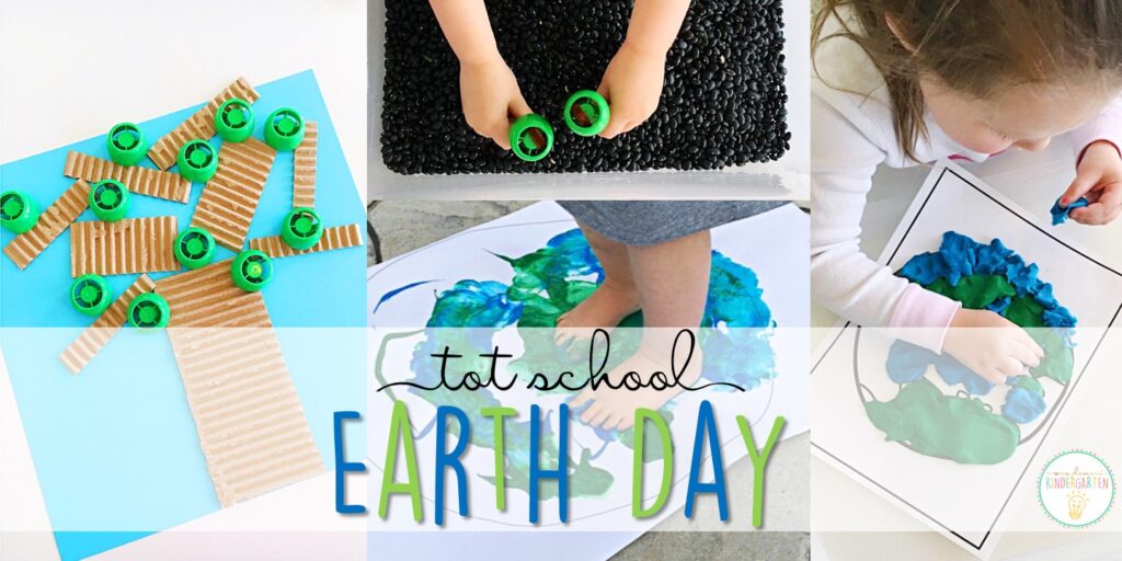Tons of Earth Day themed activities and ideas. Weekly plan includes books, literacy, math, science, art, sensory bins, and more! Perfect for tot school, preschool, or kindergarten.