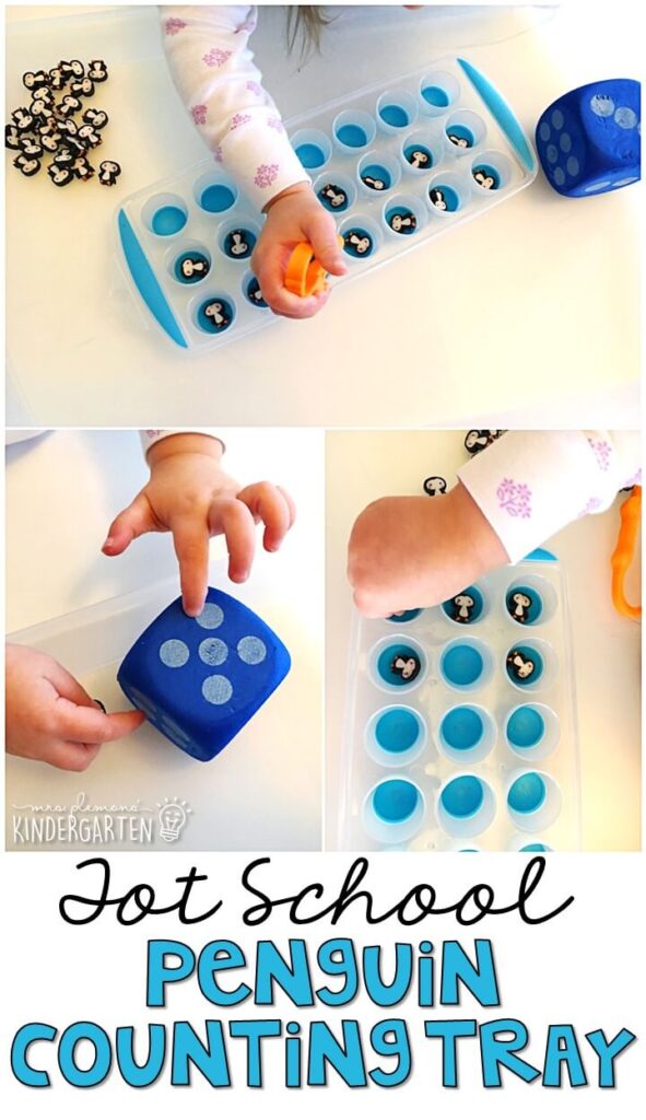 This penguin counting tray was such a fun way to practice counting and fine motor skills with a winter theme. Great for tot school, preschool, or even kindergarten!