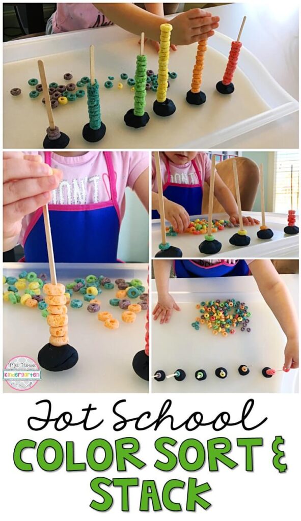 We practiced sorting, color identification, and fine motor skills with this tasty color sort and stack rainbow. Great for St. Patrick's Day in tot school, preschool, or even kindergarten!