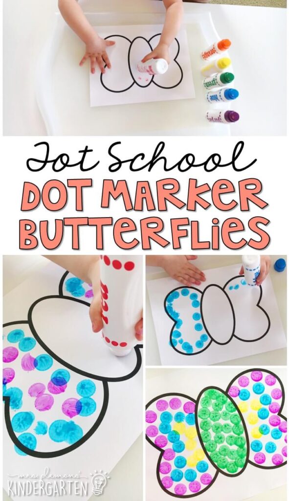 These dot marker butterflies were a super easy project to work on fine motor skills, symmetry and color identification with a butterfly theme. Great for tot school, preschool, or even kindergarten!