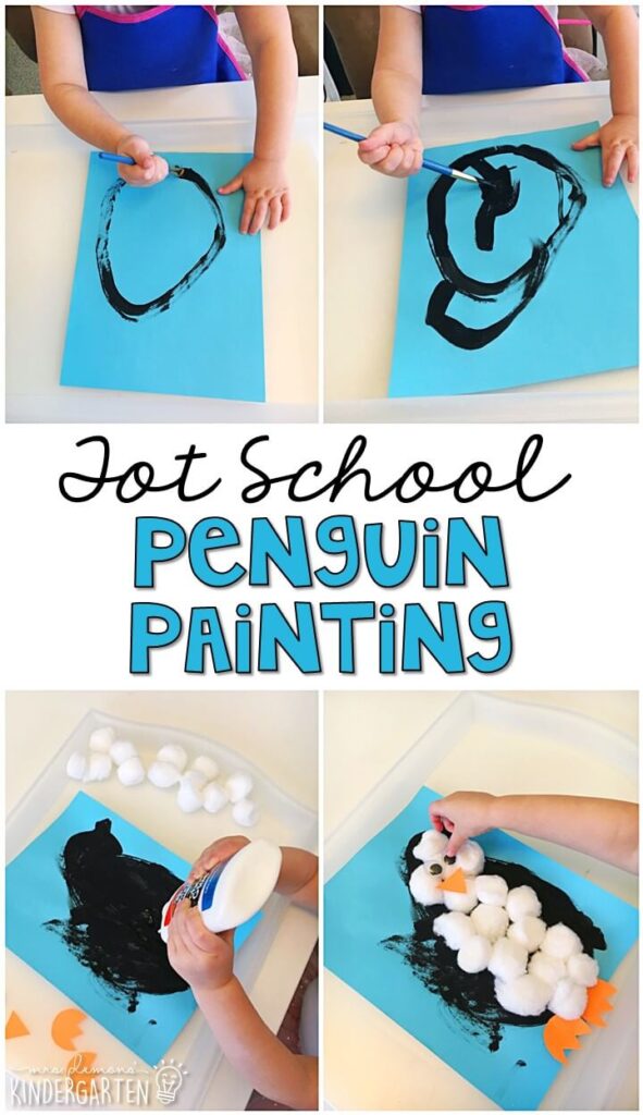 These penguin paintings turned out so cute and incorporated lots of fine motor practice. Great for winter in tot school, preschool, or even kindergarten!