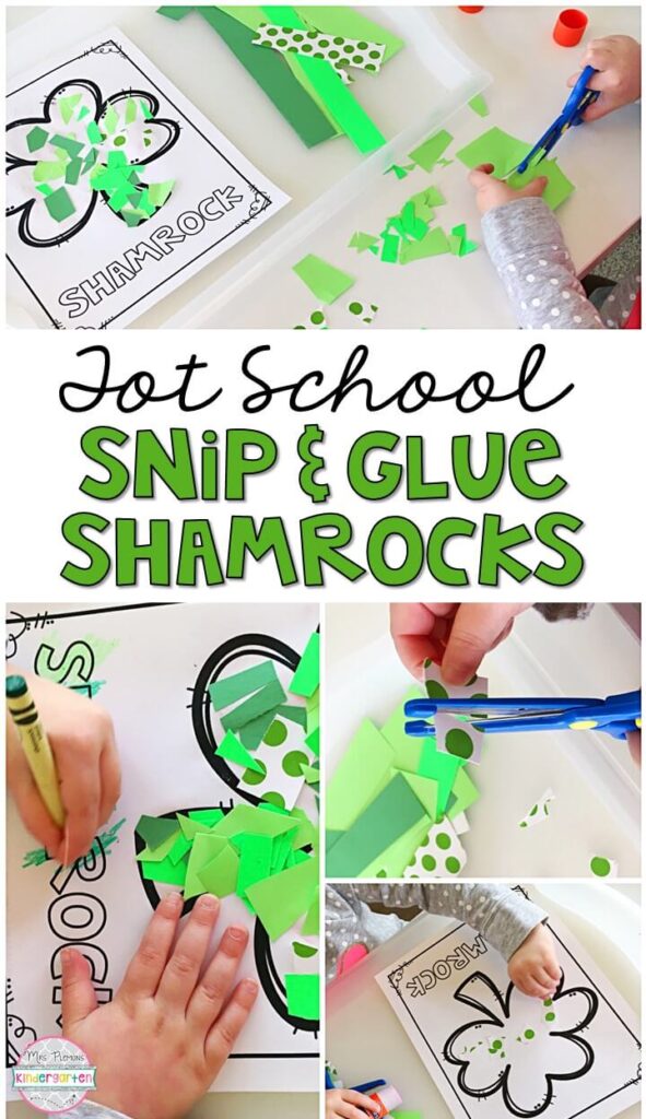 We had so much fun making these snip and glue shamrocks for our St. Patrick's Day theme. Great for tot school, preschool, or even kindergarten!
