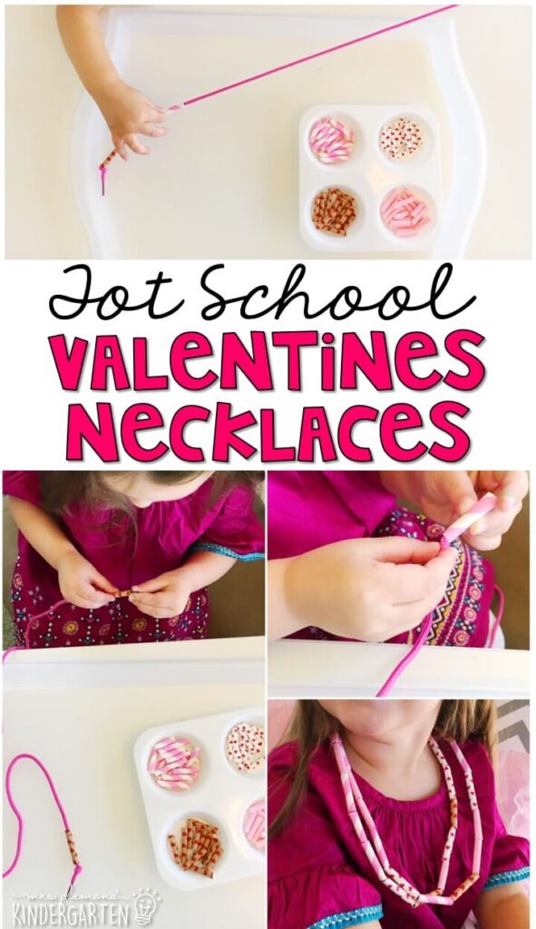 Paper straws are perfect for making necklaces with little ones! Just cut up themed straws and string for fine motor practice. Great for a valentine's theme in tot school, preschool, or even kindergarten!