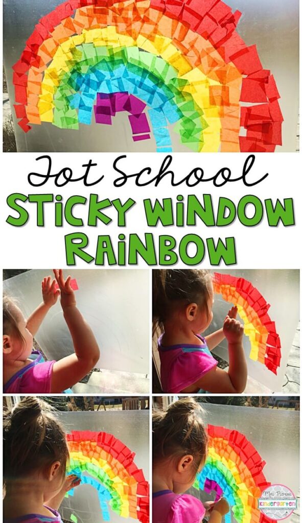 Making this sticky window rainbow was an easy and fun way to practice fine motor skills with our St. Patrick's Day theme. Great for tot school, preschool, or even kindergarten!