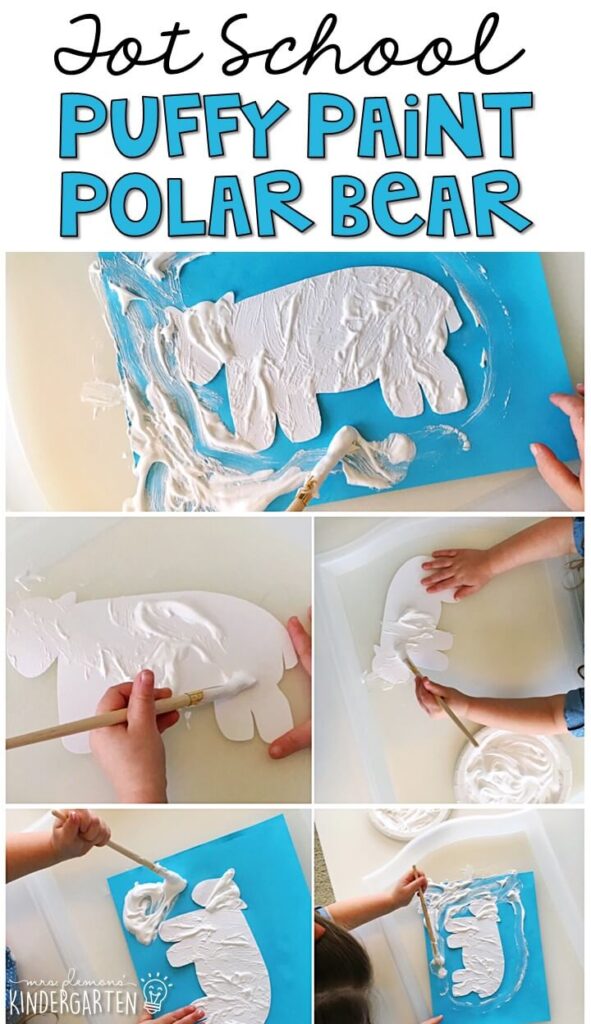 Making puffy paint polar bears was an easy and fun way to practice fine motor skills with our bear theme. Great for tot school, preschool, or even kindergarten!