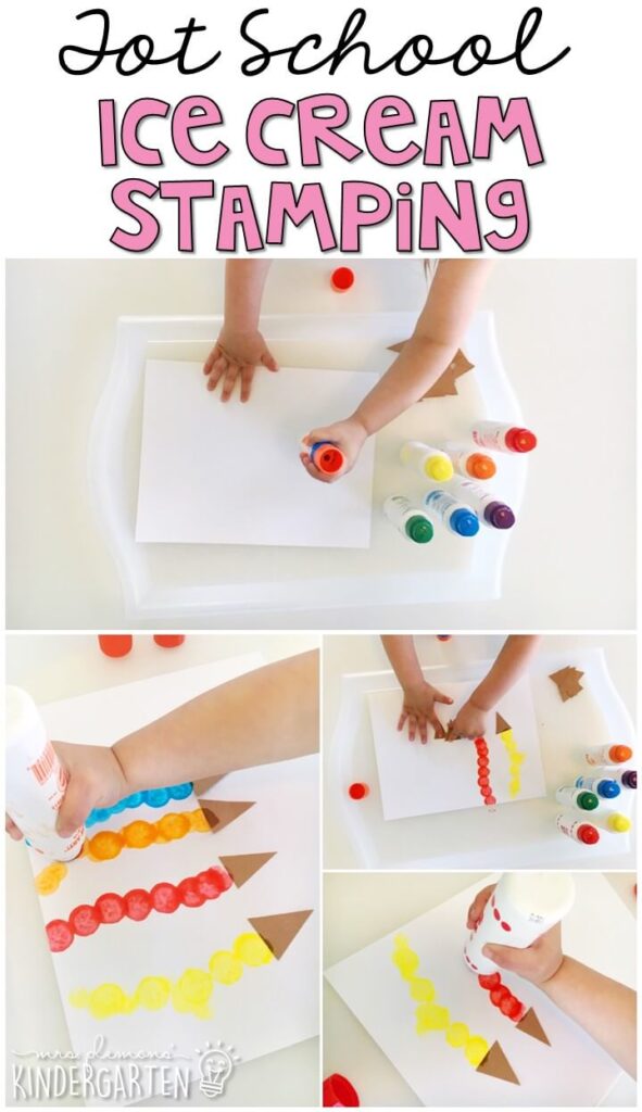 We had so much fun making dot stamp ice cream cones. easy and fun fine motor practice for our ice cream theme. Great for tot school, preschool, or even kindergarten!