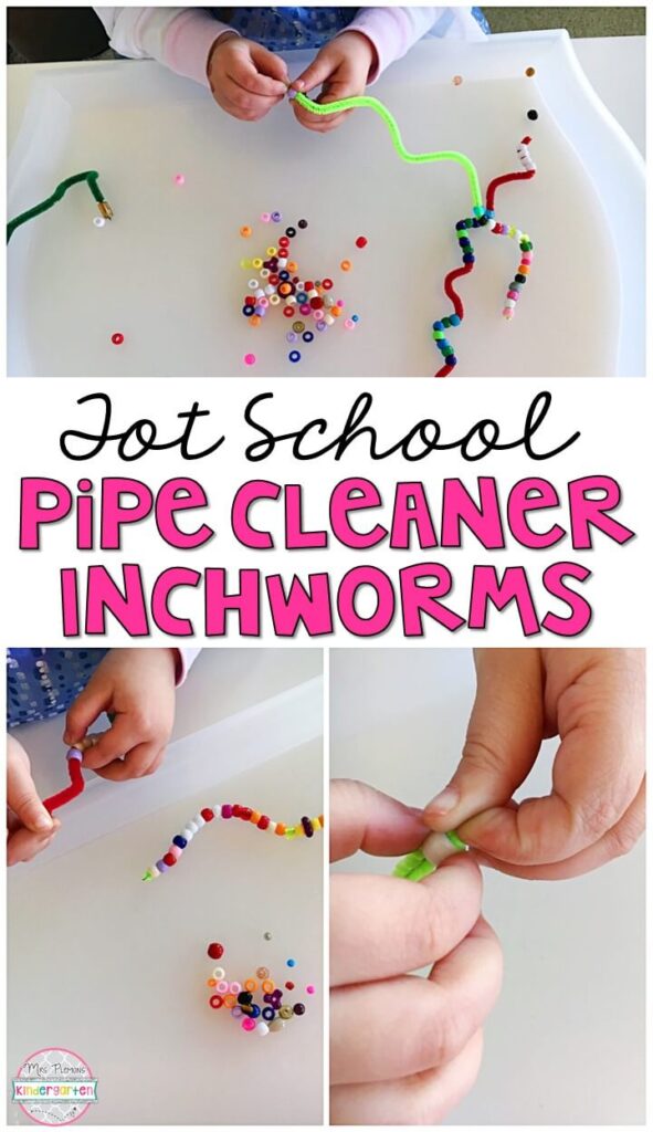 We had so much fun making these pipe cleaner inchworms for our spring theme. Great for tot school, preschool, or even kindergarten!