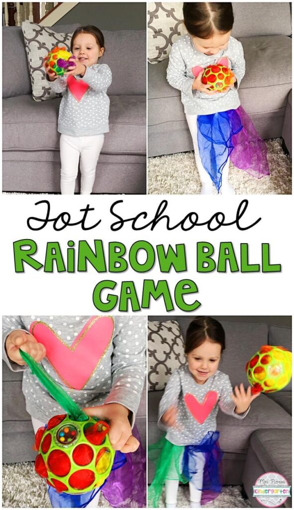 Learning is more fun when it involves movement! This rainbow ball game was a simple gross motor activity but we worked on so many skills: tossing, catching, listening, color recognition, and more. Great for St. Patrick's Day tot school, preschool, or even kindergarten!