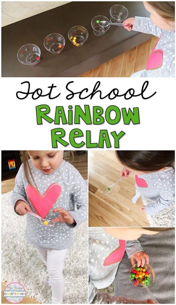 Learning is more fun when it involves movement! Practice running, balancing, and sorting by color with this rainbow relay gross motor activity. Great for tot school, preschool, or even kindergarten!