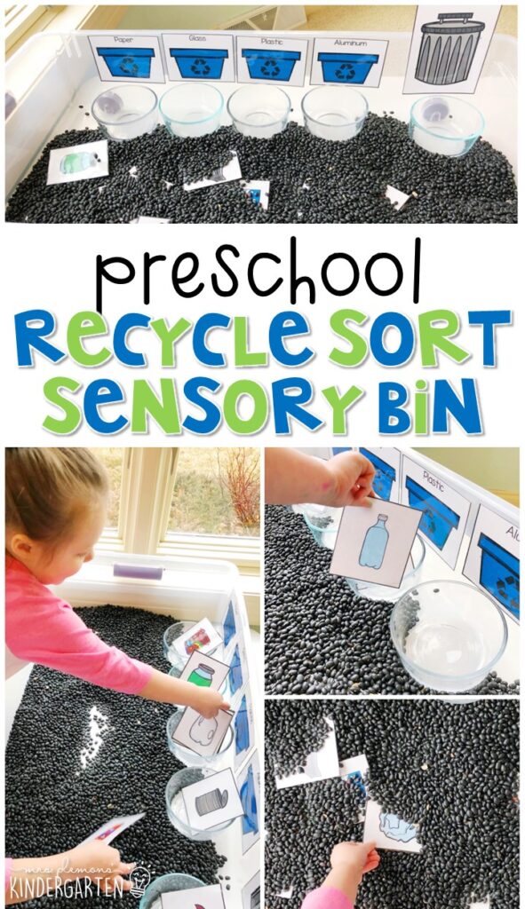 We LOVE recycle sort sensory bin. Perfect for exploration with an Earth Day theme in tot school, preschool, or even kindergarten!