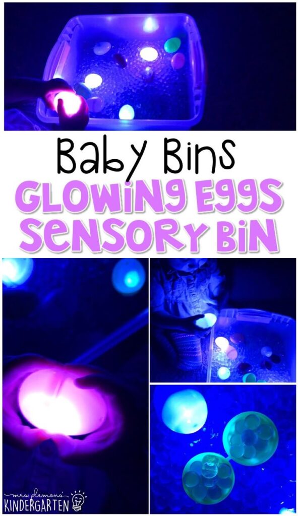 This glowing eggs sensory bin is great for exploring and is completely baby safe. These Baby Bin plans are perfect for learning with little ones between 12-24 months old.
