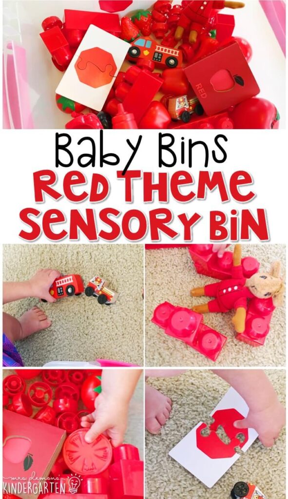 This red themed sensory bin is great for learning colors and completely baby safe. These Baby Bin plans are perfect for learning with little ones between 12-24 months old.
