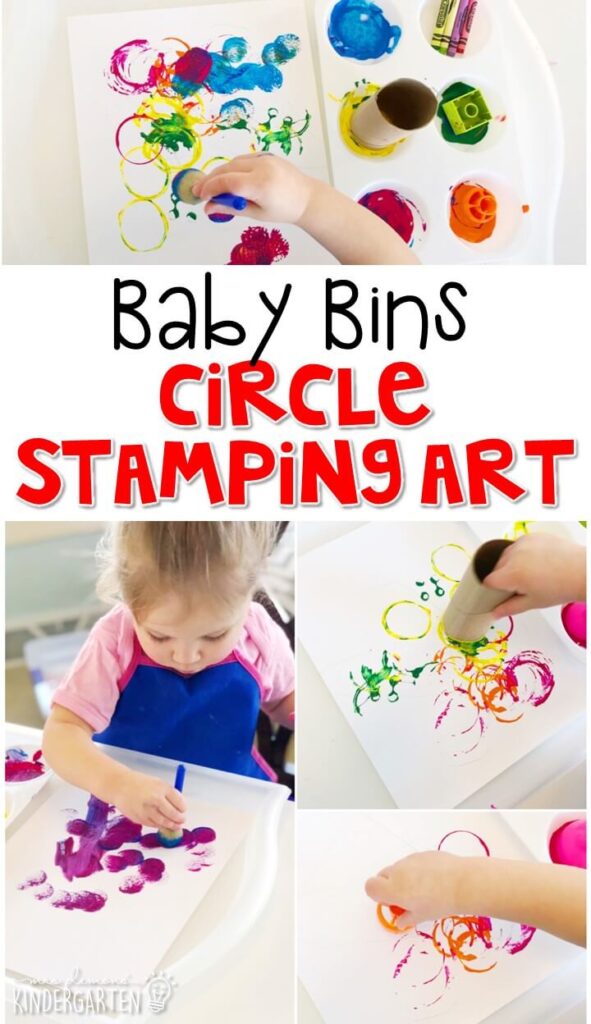 This circle stamping activity is great for building fine motor skills and is a completely baby safe way to paint with little ones. Baby Bins are perfect for learning with little ones between 12-24 months old.
