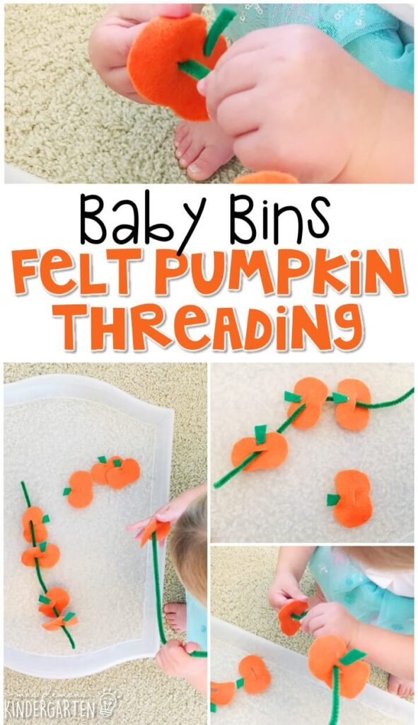This felt pumpkin threading activity is great for a orange theme and is completely baby safe. These Baby Bin plans are perfect for learning with little ones between 12-24 months old.