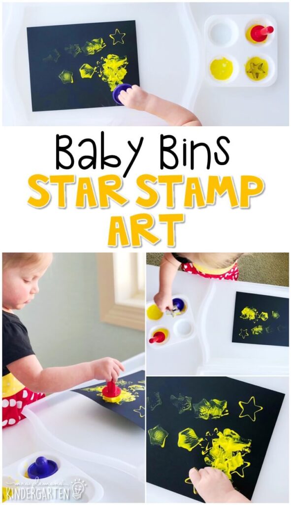 This star stamp art activity is great for building fine motor skills and is completely baby safe. Baby Bins are perfect for learning with little ones between 12-24 months old.