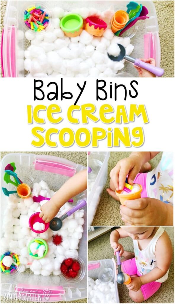 This ice cream scooping sensory bin is great for exploring an ice cream theme and is completely baby safe. These Baby Bin plans are perfect for learning with little ones between 12-24 months old.