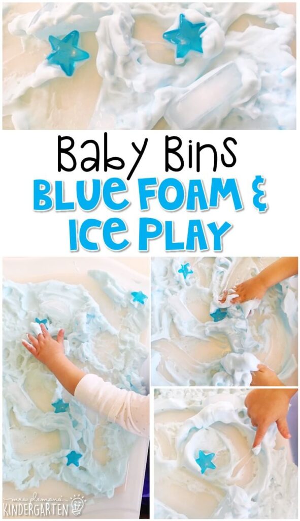 This blue foam & ice sensory tray is great for a blue theme and is completely baby safe. These Baby Bin plans are perfect for learning with little ones between 12-24 months old.