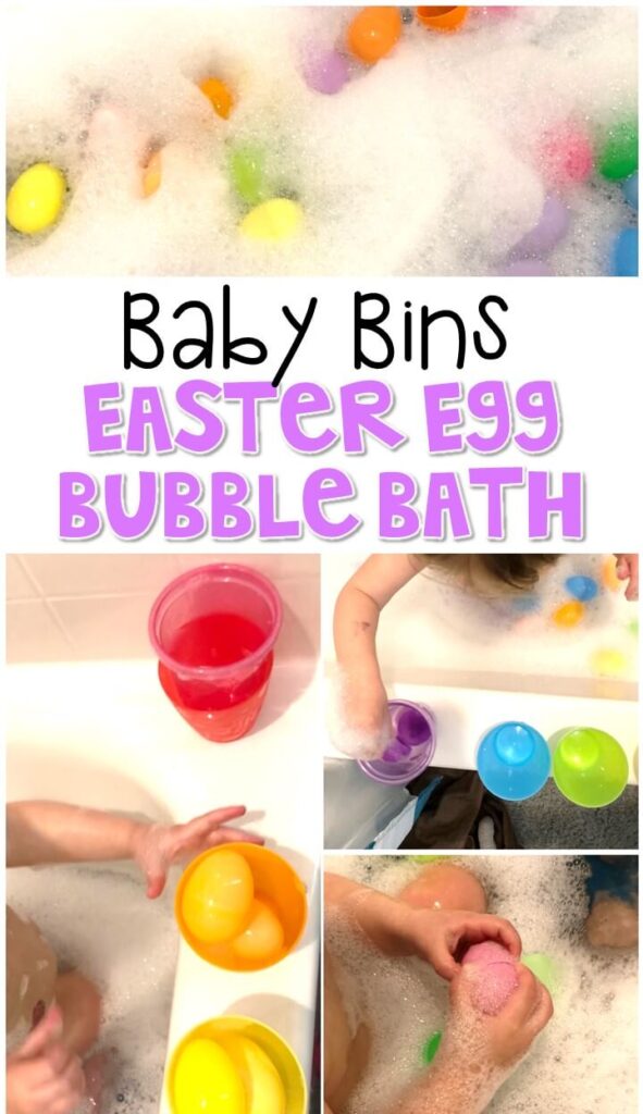 This Easter egg bubble sensory bath is a fun way to play and explore with an Easter theme and is completely baby safe. These Baby Bin plans are perfect for learning with little ones between 12-24 months old.