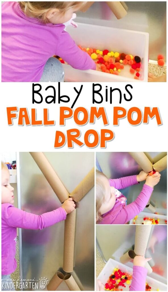 This fall pom pom drop is great for a fall theme and is completely baby safe. These Baby Bin plans are perfect for learning with little ones between 12-24 months old.