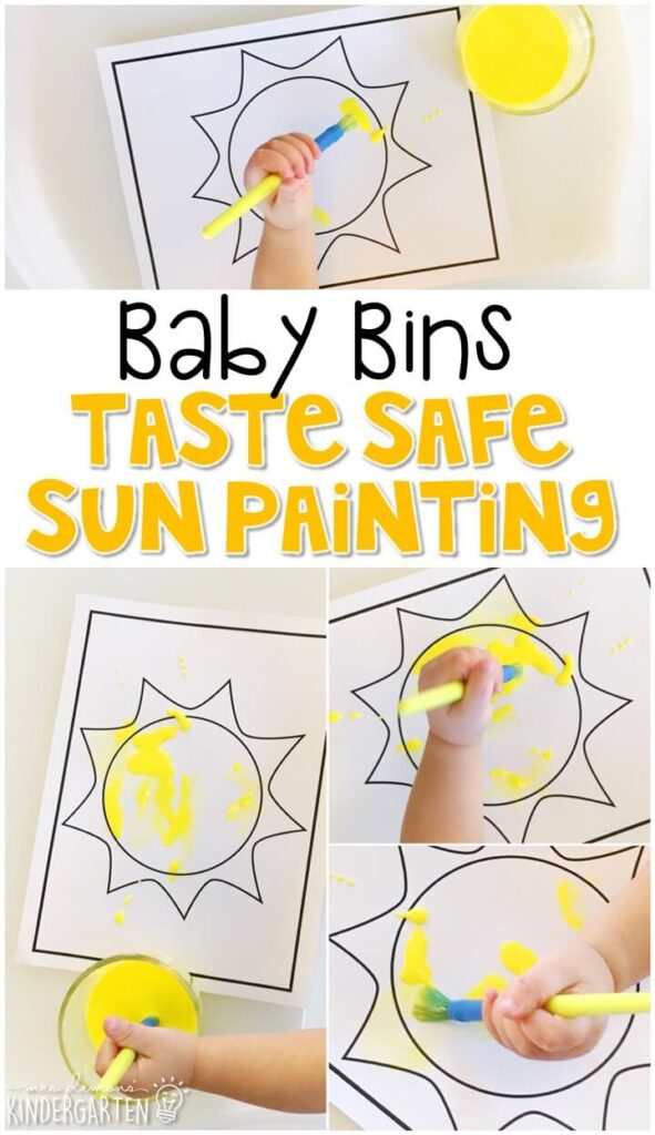 This taste safe sun painting activity is great for learning the color yellow and is a completely baby safe way to paint your little one. Baby Bins are perfect for learning with little ones between 12-24 months old.