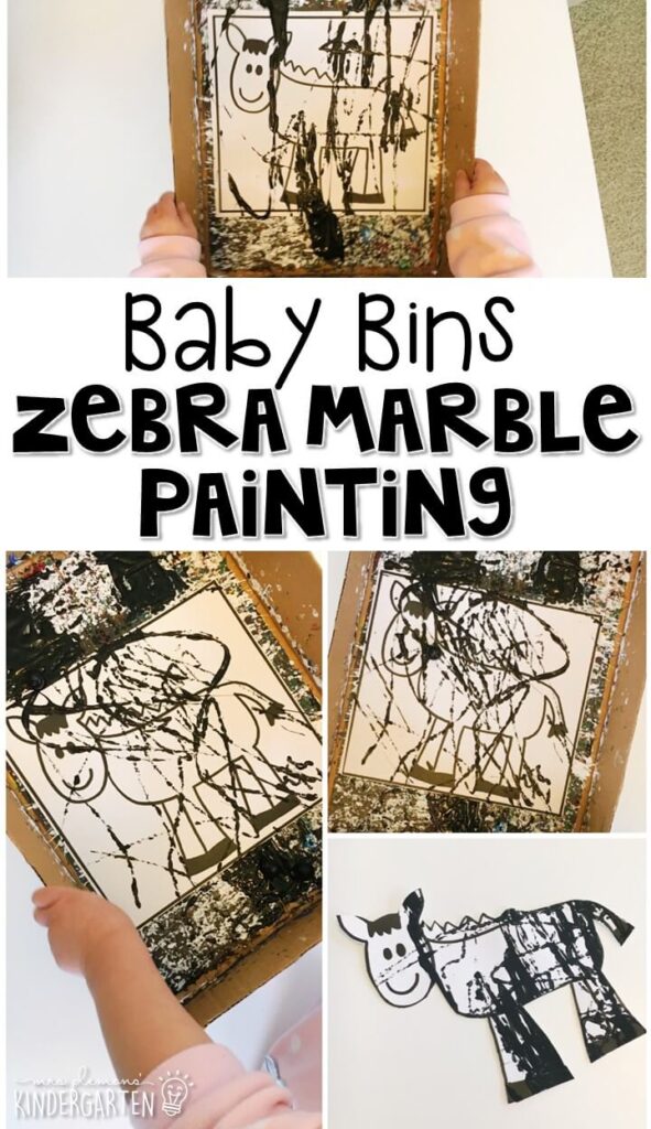 This zebra marble painting activity is great for building fine motor skills and is a completely baby safe way to paint with little ones. Baby Bins are perfect for learning with little ones between 12-24 months old.