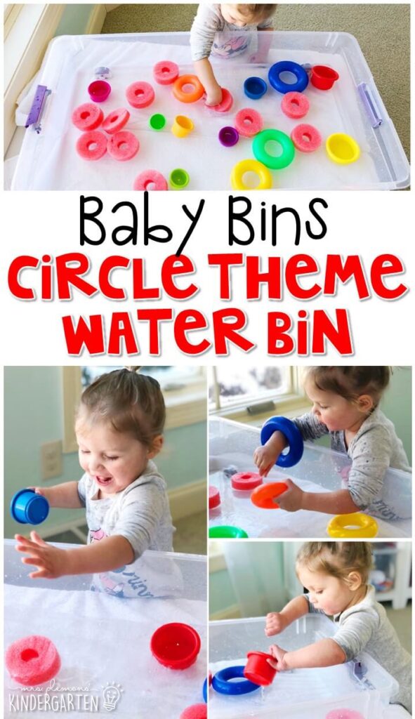 This circle theme water sensory bin is great for learning shapes and is completely baby safe. These Baby Bin plans are perfect for learning with little ones between 12-24 months old.