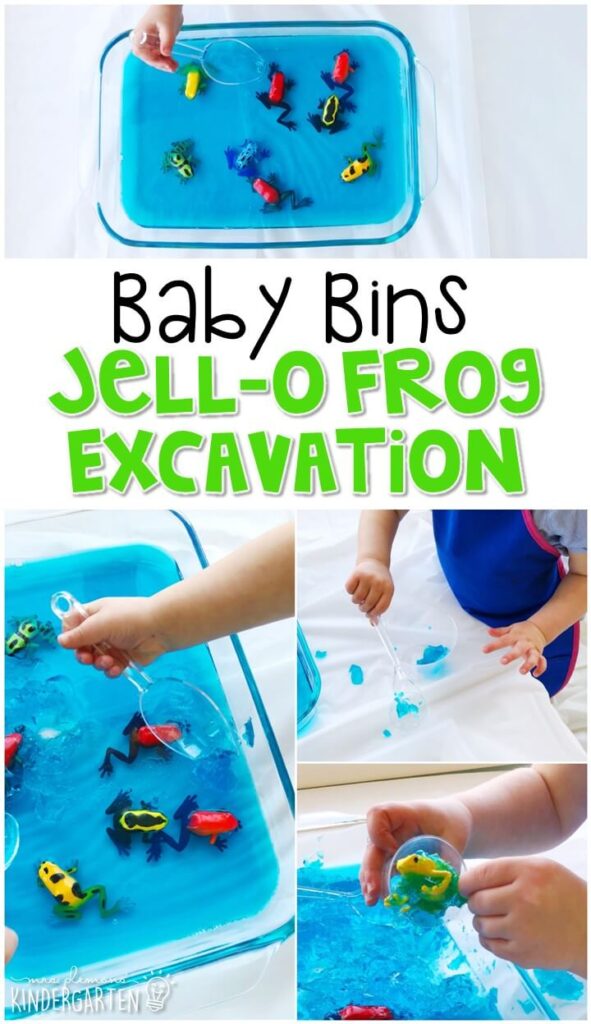 This jello frog excavation activity is great for a frogtheme and is a completely baby safe (and fun tasty!) way to work on fine motor skills. These Baby Bin plans are perfect for learning with little ones between 12-24 months old.
