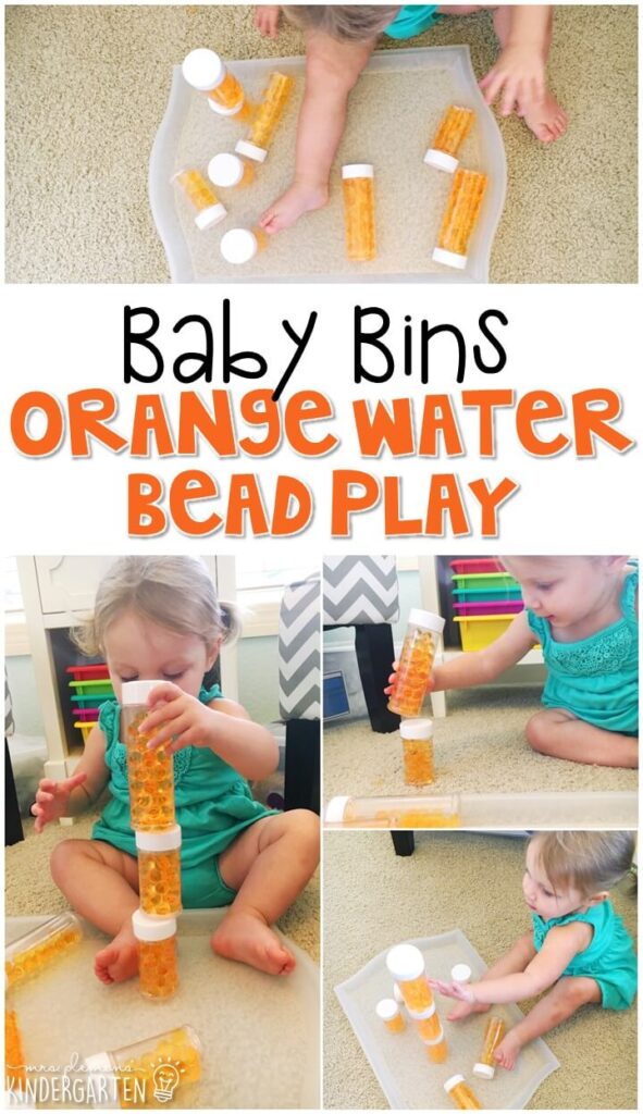 This orange water bead activity is great for learning the color orange and it is a completely baby safe way to paint. Baby Bins are perfect for learning with little ones between 12-24 months old.