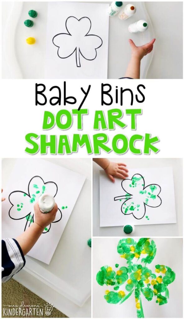 This dot art shamrock activity is great for fine motor practice and always turns out adorable. Baby Bins are perfect for learning with little ones between 12-24 months old.