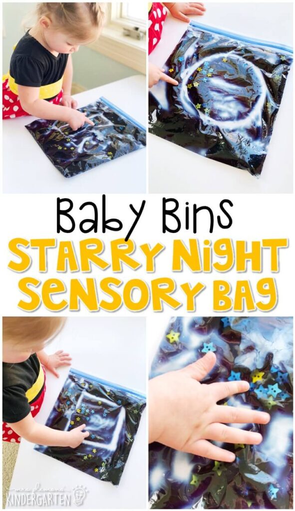 This starry night sensory bag is great for exploring shapes and is completely baby safe. These Baby Bin plans are perfect for learning with little ones between 12-24 months old.