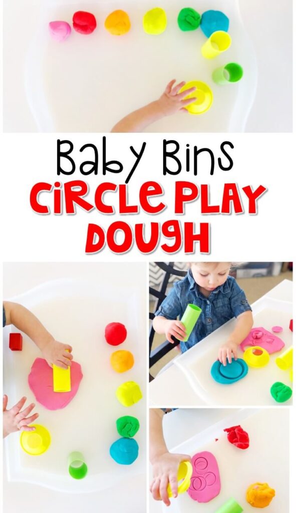 This circle play dough activity is great for building fine motor skills and is a completely baby safe way to introduce shapes. Baby Bins are perfect for learning with little ones between 12-24 months old.