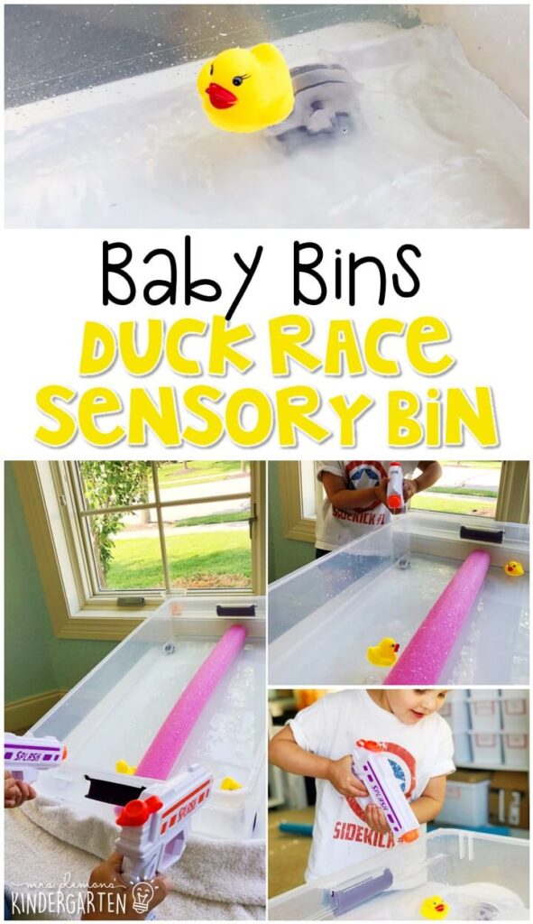 This duck race sensory bin is so much fun to explore with a summer theme and is completely baby safe. These Baby Bin plans are perfect for learning with little ones between 12-24 months old
