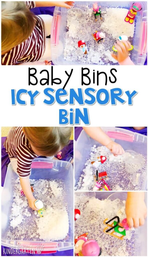 This icy sensory bin is great for a winter theme and is a great way to introduce water beads to little ones. These Baby Bin plans are perfect for learning with little ones between 12-24 months old.