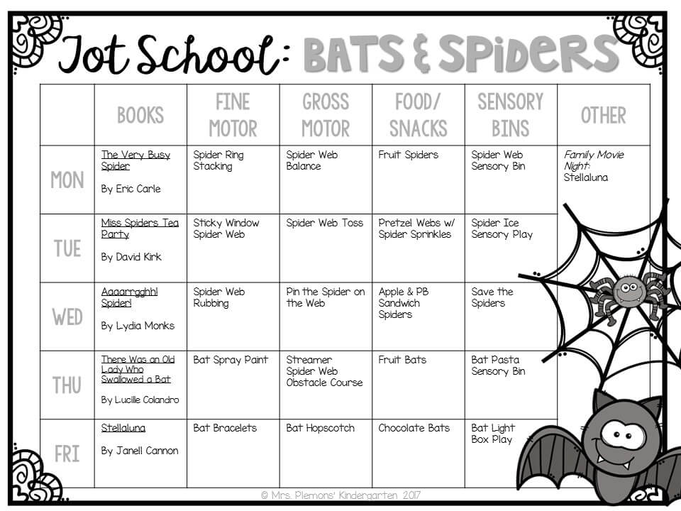 Tons of bat and spider themed activities and ideas. Weekly plan includes books, fine motor, gross motor, sensory bins, snacks and more! Perfect for fall and Halloween in tot school, preschool, or kindergarten.