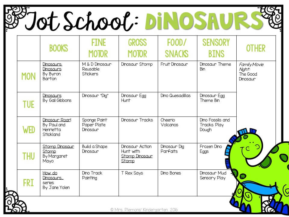 Tons of dinosaur themed activities and ideas. Weekly plan includes books, fine motor, gross motor, sensory bins, snacks and more! Perfect for tot school, preschool, or kindergarten.