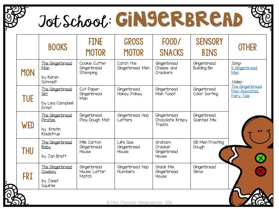 Tons of gingerbread themed activities and ideas. Weekly plan includes books, literacy, math, science, art, sensory bins, and more! Perfect for tot school, preschool, or kindergarten.